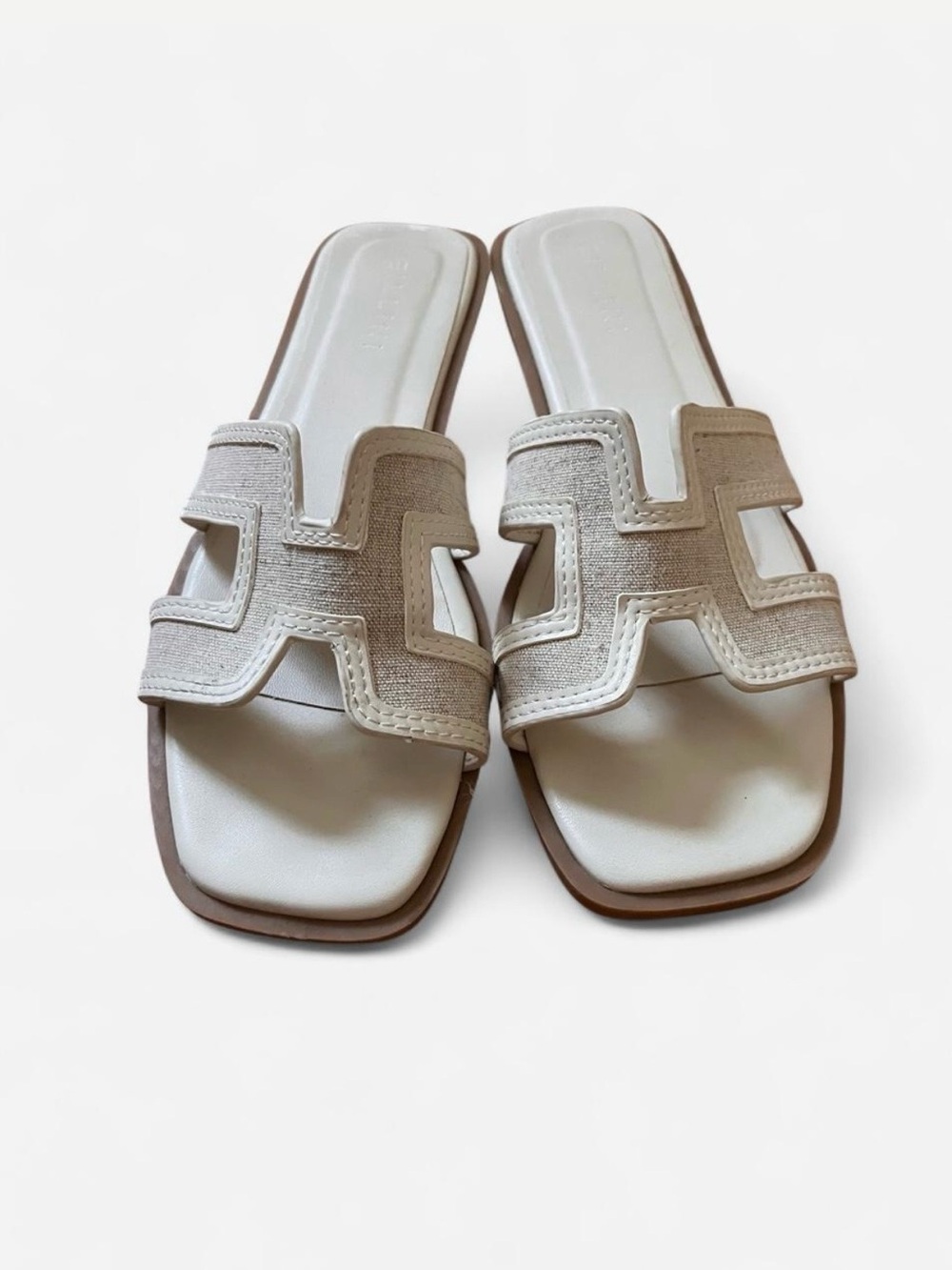 Billini Cream Slide Sandals with Tan Trim